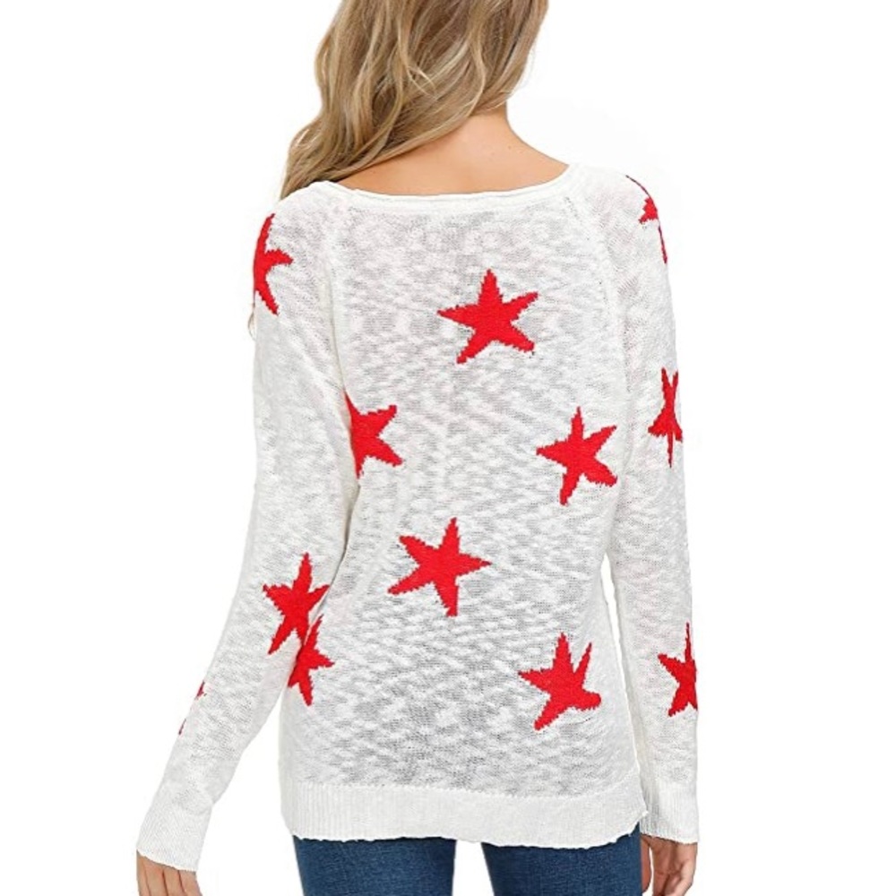Red & White Star Off The Shoulder Knit Sweater - Picture 2 of 3